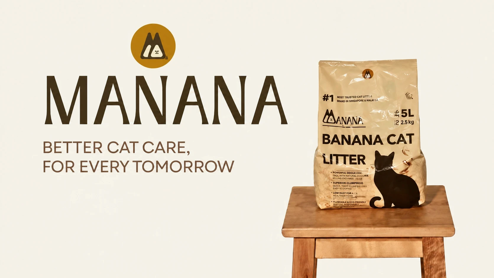 MANANA — better cat care, for every tomorrow. A bag of plant-based Banana Cat Litter on a wooden stool.